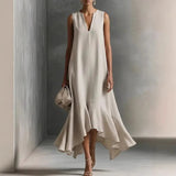 Abito lungo donna | Scollo a V e orlo con volant – Elegante abito a linea A