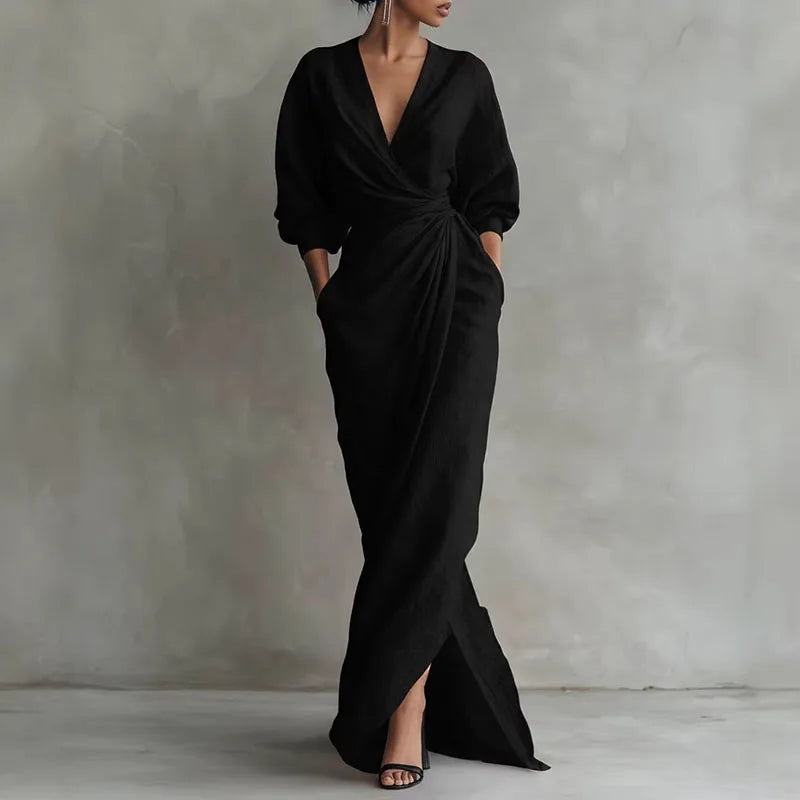 Abito lungo da donna | Abito avvolgente e scollo a V – Elegante abito drappeggiato