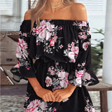 Mini abito floreale off-shoulder da donna