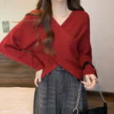 Maglione da donna in maglia con parte frontale incrociata e scollo a V – Pullover morbido corto per uno stile quotidiano femminile