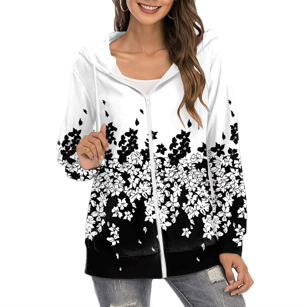 Felpa con cappuccio da donna con stampa di farfalle e cerniera – strato casual leggero con design sfumato