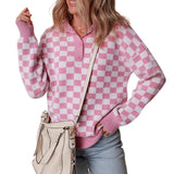 Maglione da donna in maglia a scacchiera con colletto – Pullover dal taglio morbido con scollo a bottoni per look casual a strati