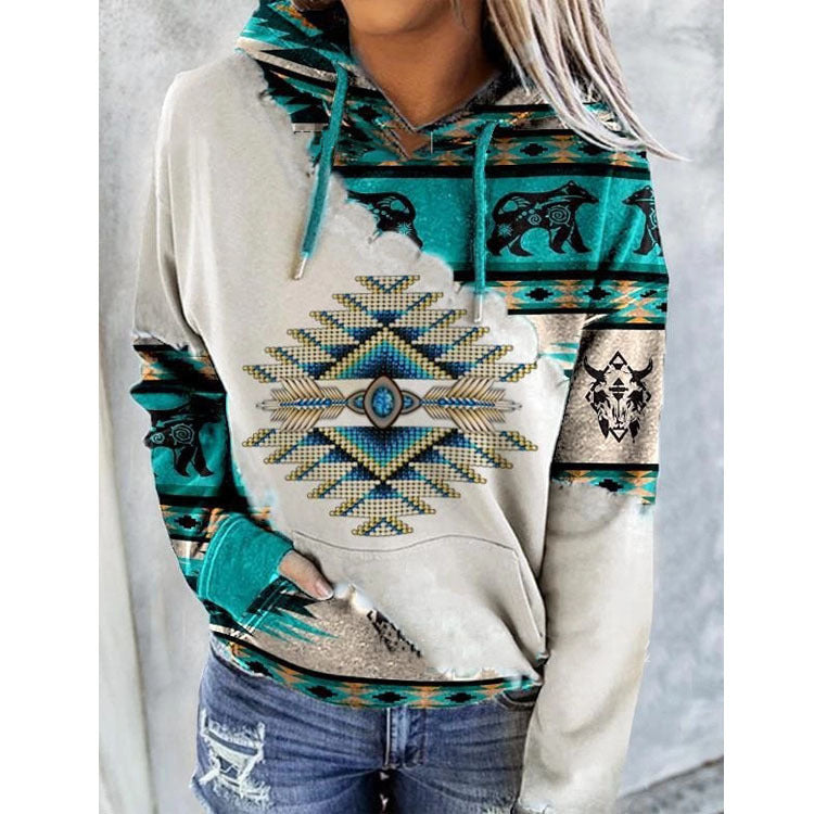 Felpa con cappuccio da donna con stampa geometrica – Pullover morbido con coulisse per look casual a strati autunnali