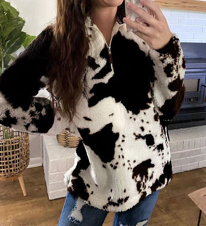 Felpa da donna in sherpa con stampa mucca e mezza zip – Pullover in pile caldo per le giornate più fresche