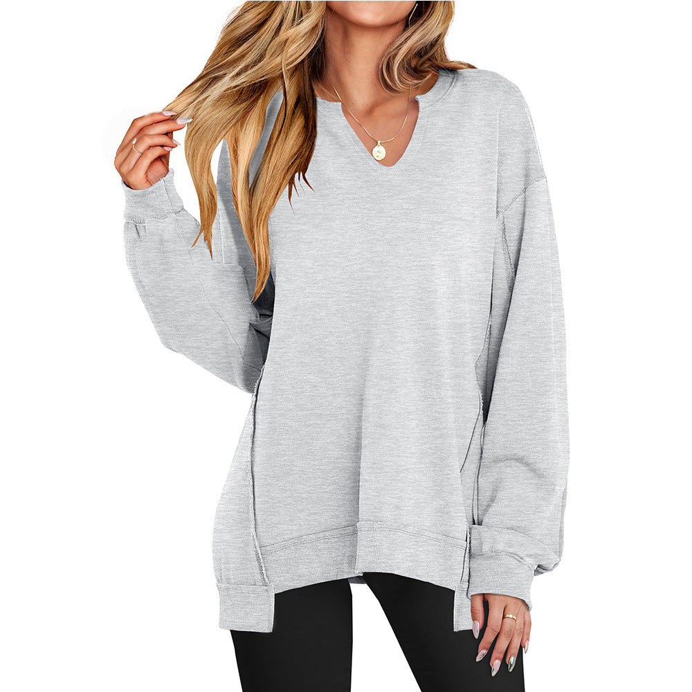 Donna - Pullover casual con scollo a V e maniche oversize