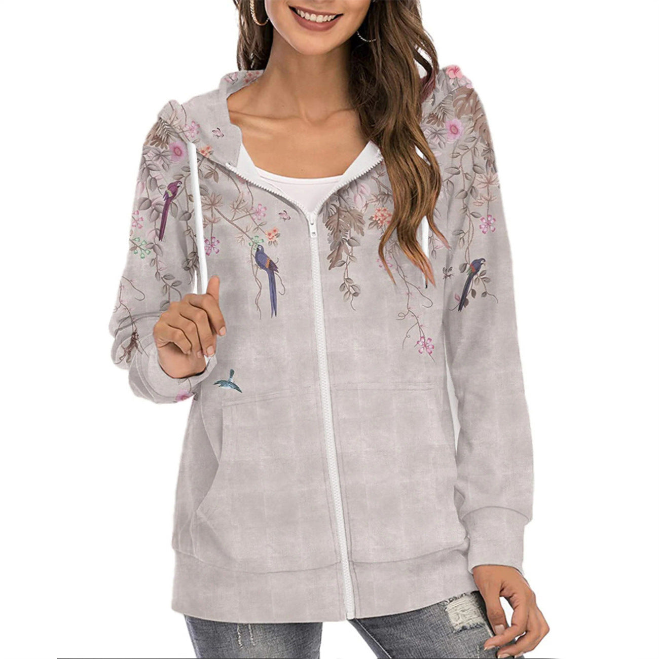 Felpa con cappuccio da donna con stampa di farfalle e cerniera – strato casual leggero con design sfumato