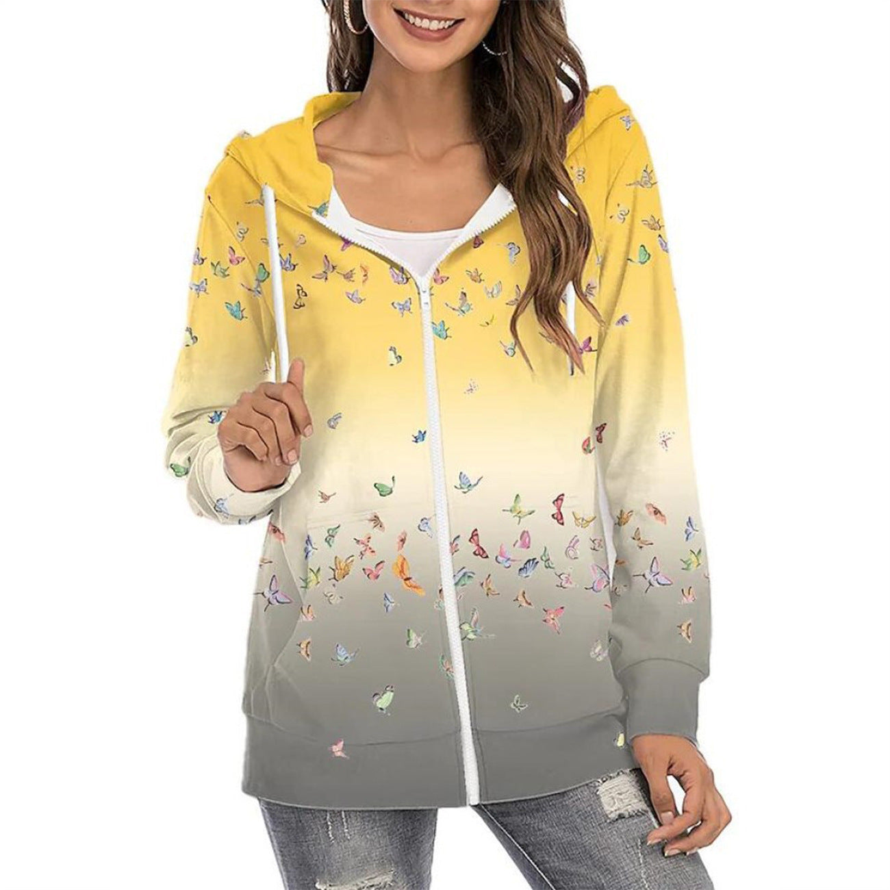 Felpa con cappuccio da donna con stampa di farfalle e cerniera – strato casual leggero con design sfumato