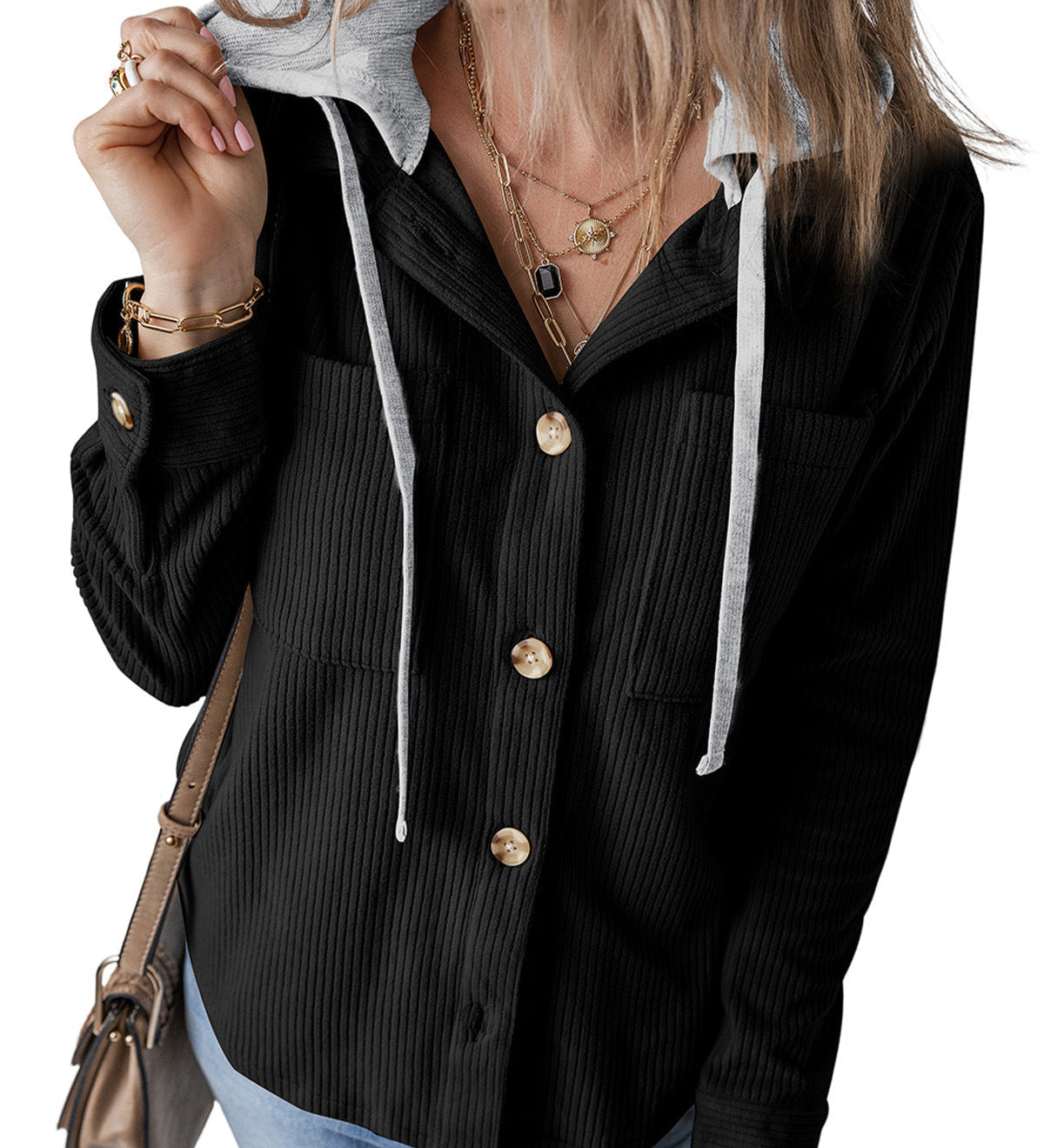 Donna - Giacca camicia a coste con cappuccio - Stile casual