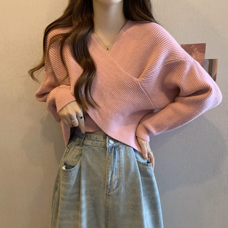 Maglione da donna in maglia con parte frontale incrociata e scollo a V – Pullover morbido corto per uno stile quotidiano femminile