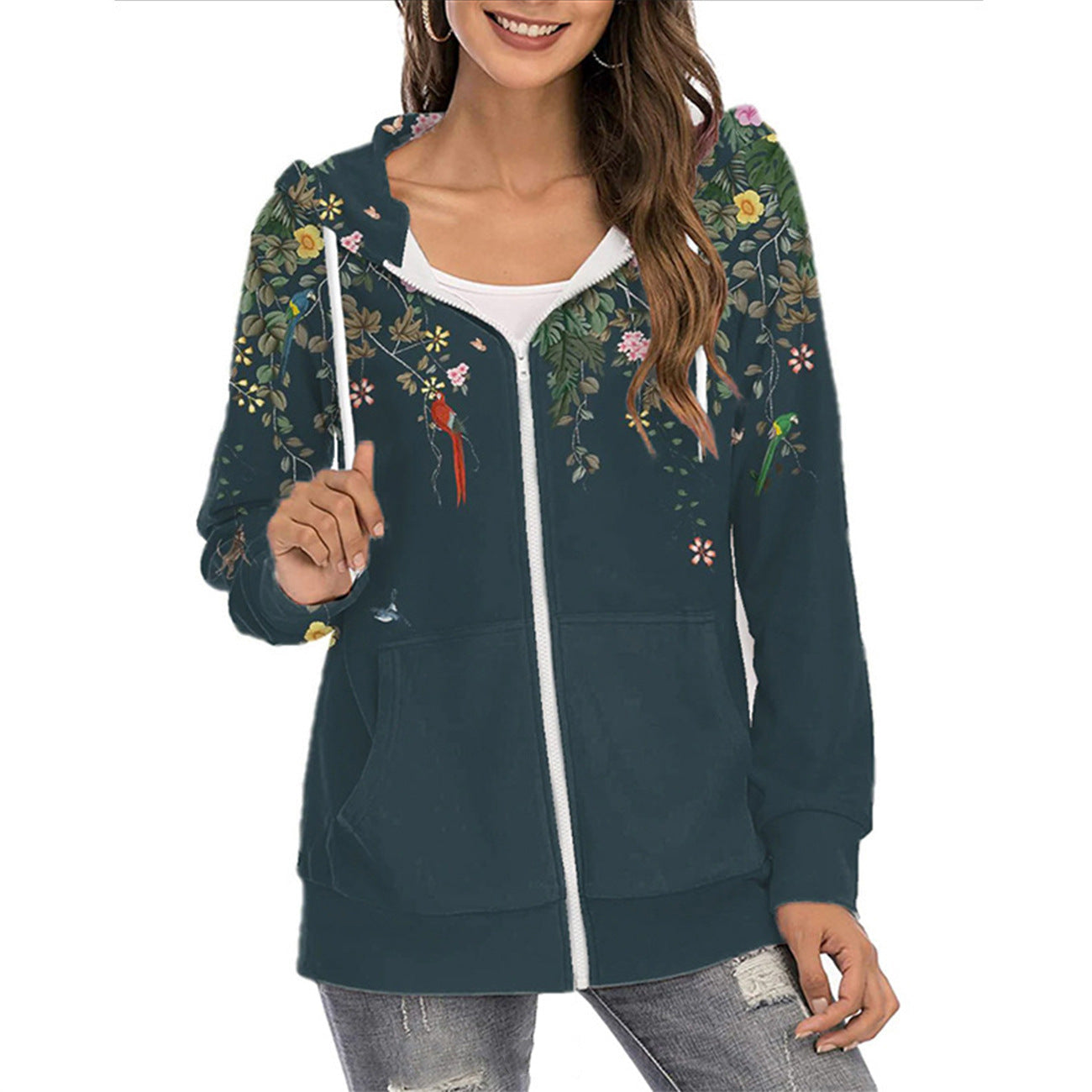 Felpa con cappuccio da donna con stampa di farfalle e cerniera – strato casual leggero con design sfumato