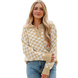 Maglione da donna in maglia a scacchiera con colletto – Pullover dal taglio morbido con scollo a bottoni per look casual a strati