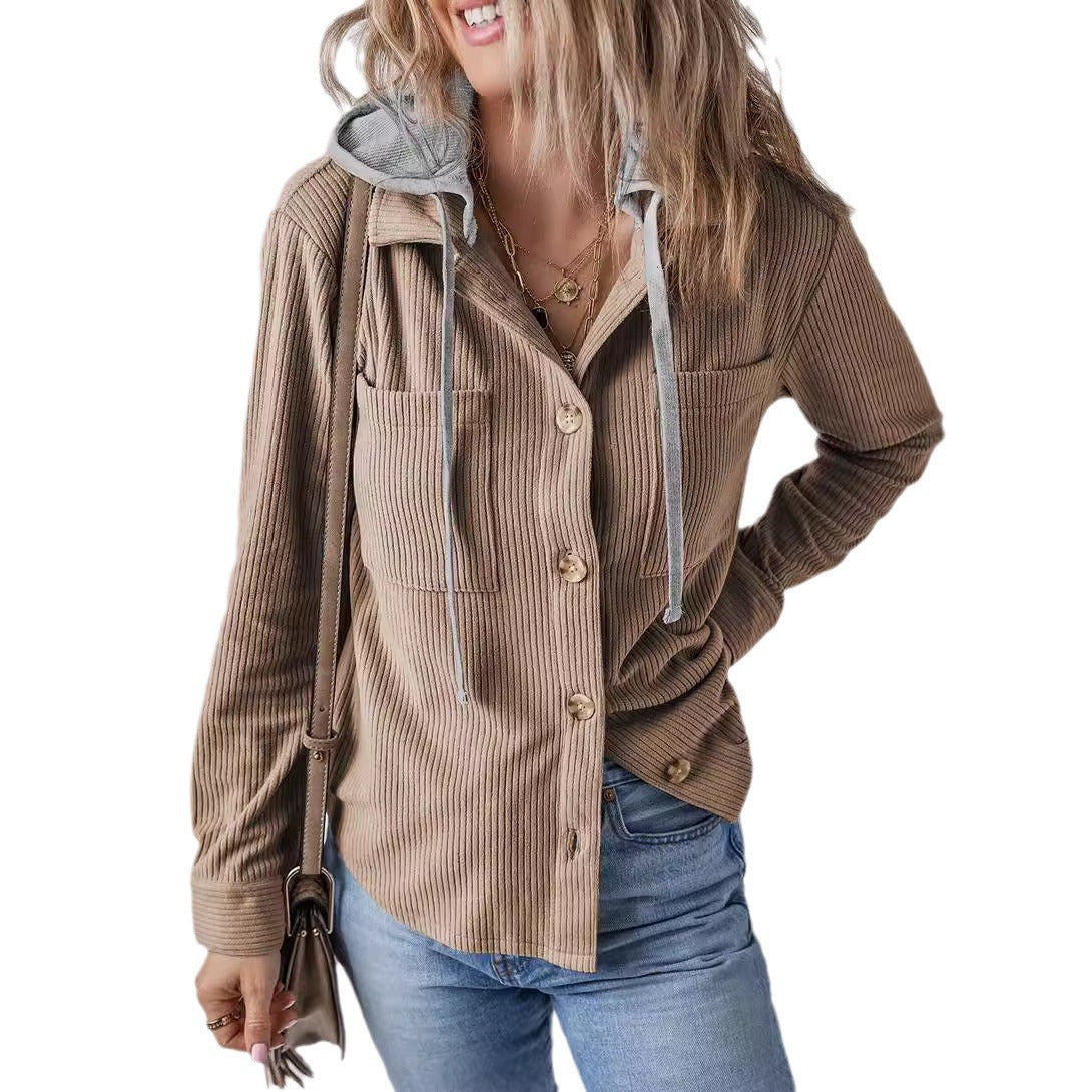 Donna - Giacca camicia a coste con cappuccio - Stile casual