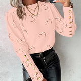 Top donna a maniche lunghe con bottoni – floreale, elegante, confortevole, traspirante, casual, collo rotondo, camicetta da tutti i giorni