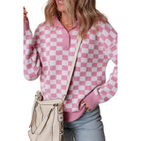 Maglione da donna in maglia a scacchiera con colletto – Pullover dal taglio morbido con scollo a bottoni per look casual a strati