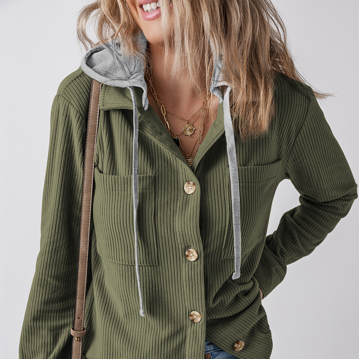 Donna - Giacca camicia a coste con cappuccio - Stile casual