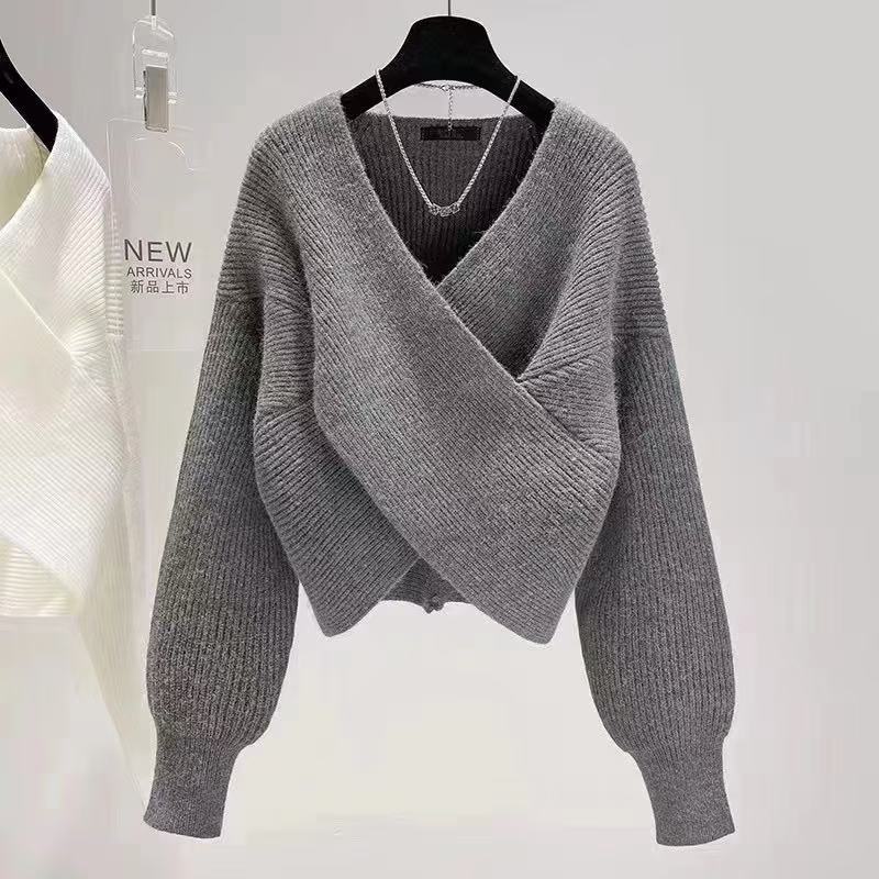 Maglione da donna in maglia con parte frontale incrociata e scollo a V – Pullover morbido corto per uno stile quotidiano femminile
