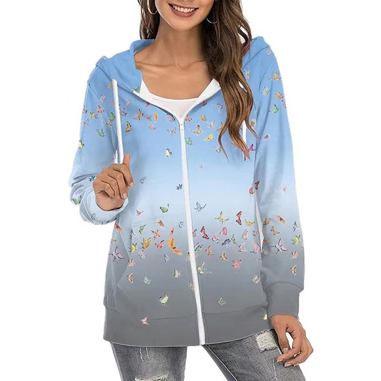 Felpa con cappuccio da donna con stampa di farfalle e cerniera – strato casual leggero con design sfumato