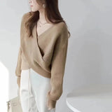 Maglione da donna in maglia con parte frontale incrociata e scollo a V – Pullover morbido corto per uno stile quotidiano femminile