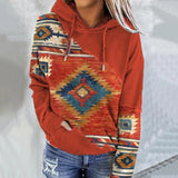 Felpa con cappuccio da donna con stampa geometrica – Pullover morbido con coulisse per look casual a strati autunnali