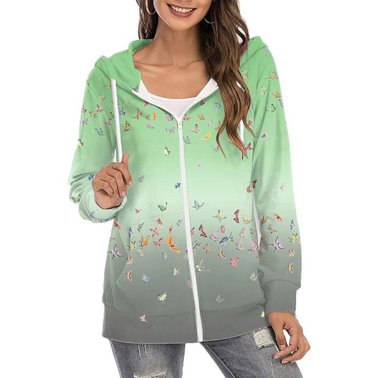 Felpa con cappuccio da donna con stampa di farfalle e cerniera – strato casual leggero con design sfumato