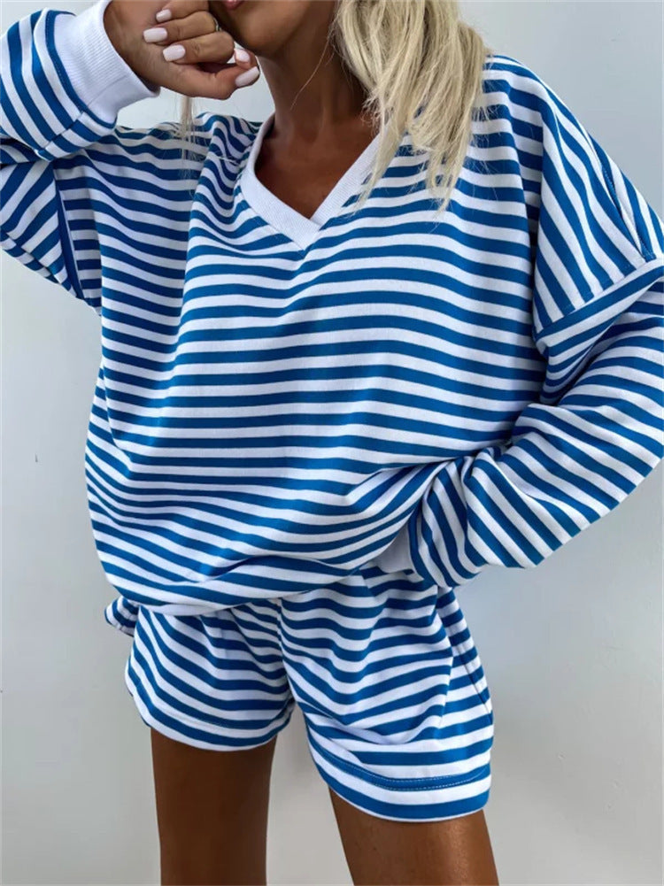 Set Oversized Donna – Casual per Uso Quotidiano, Con Dettagli A Righe e Pantaloni Corti