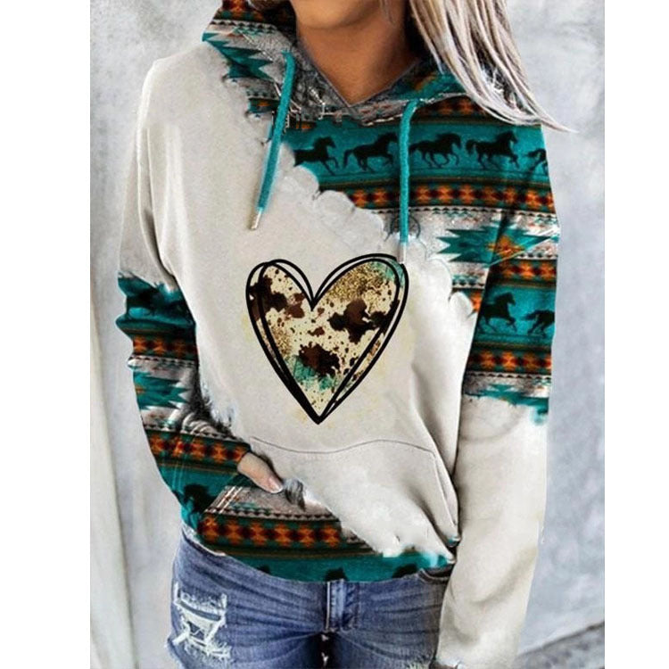 Felpa con cappuccio da donna con stampa geometrica – Pullover morbido con coulisse per look casual a strati autunnali