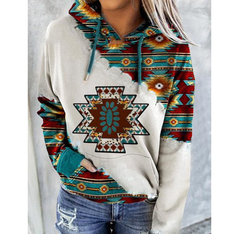Felpa con cappuccio da donna con stampa geometrica – Pullover morbido con coulisse per look casual a strati autunnali