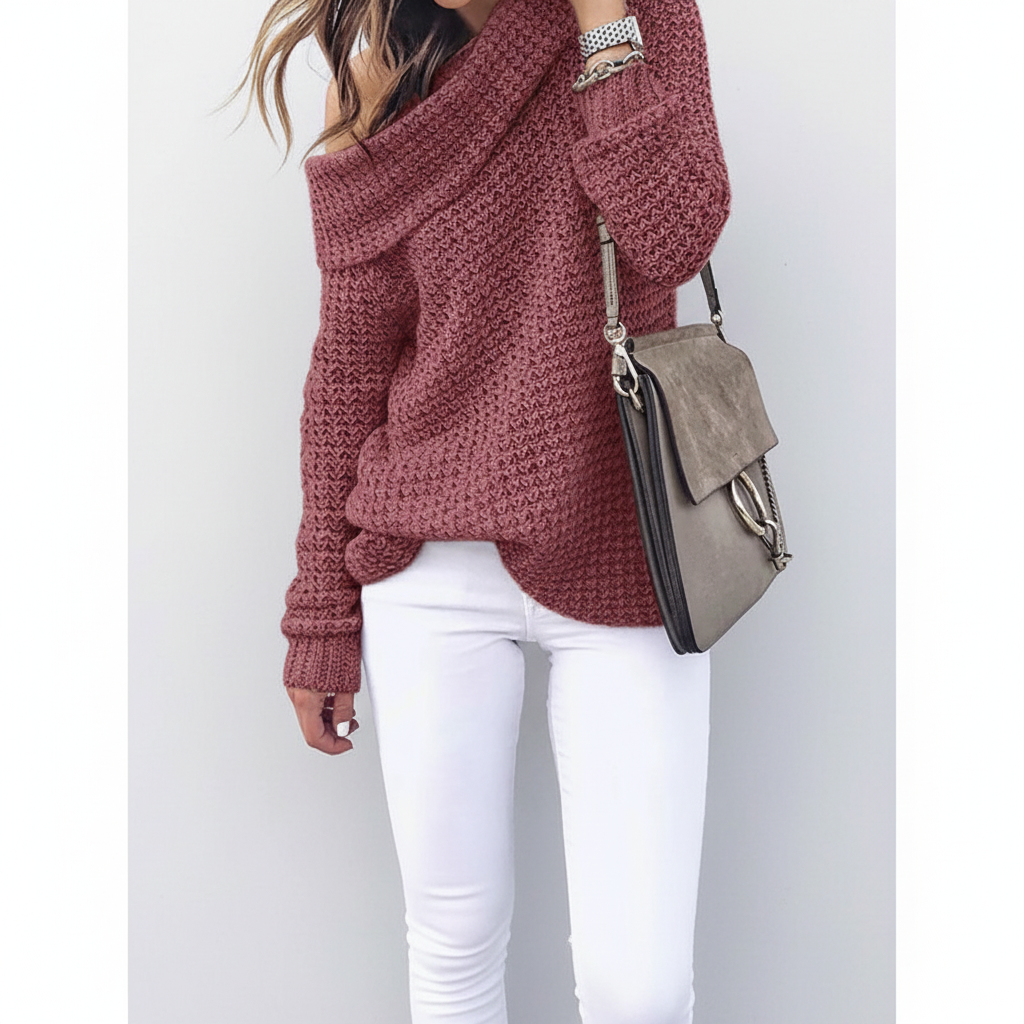 Maglione lavorato a maglia donna con spalle scoperte, maniche lunghe e vestibilità comoda