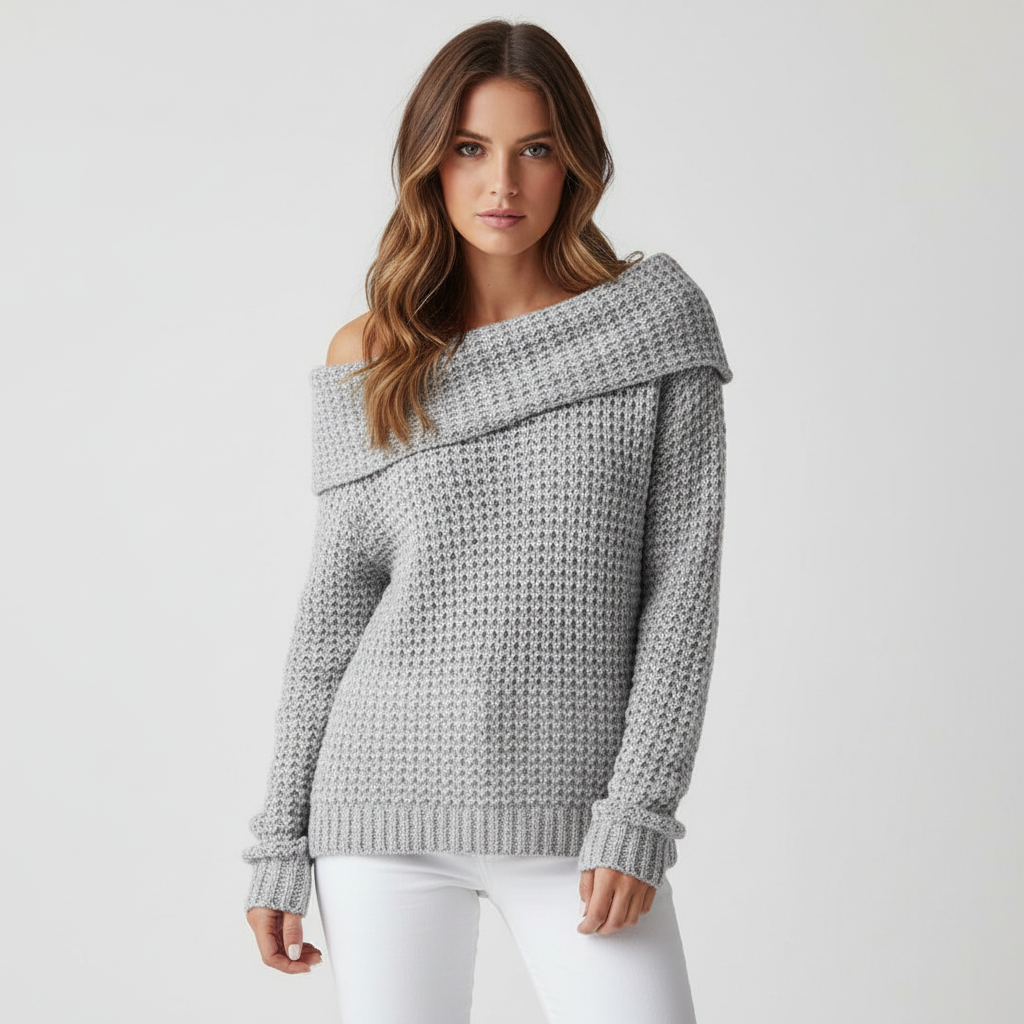 Maglione lavorato a maglia donna con spalle scoperte, maniche lunghe e vestibilità comoda