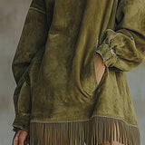 Abito Femminile Scollo Alto – Con Maniche Lunghe e Frange, Adatto per Primavera e Estate