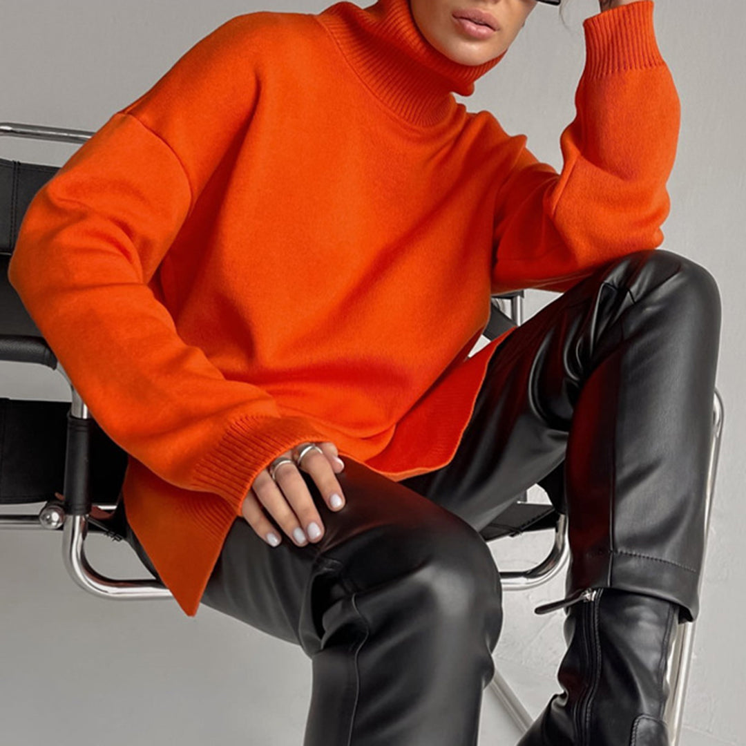 Maglione a collo alto da donna, vestibilità comoda, maglia con spacco laterale