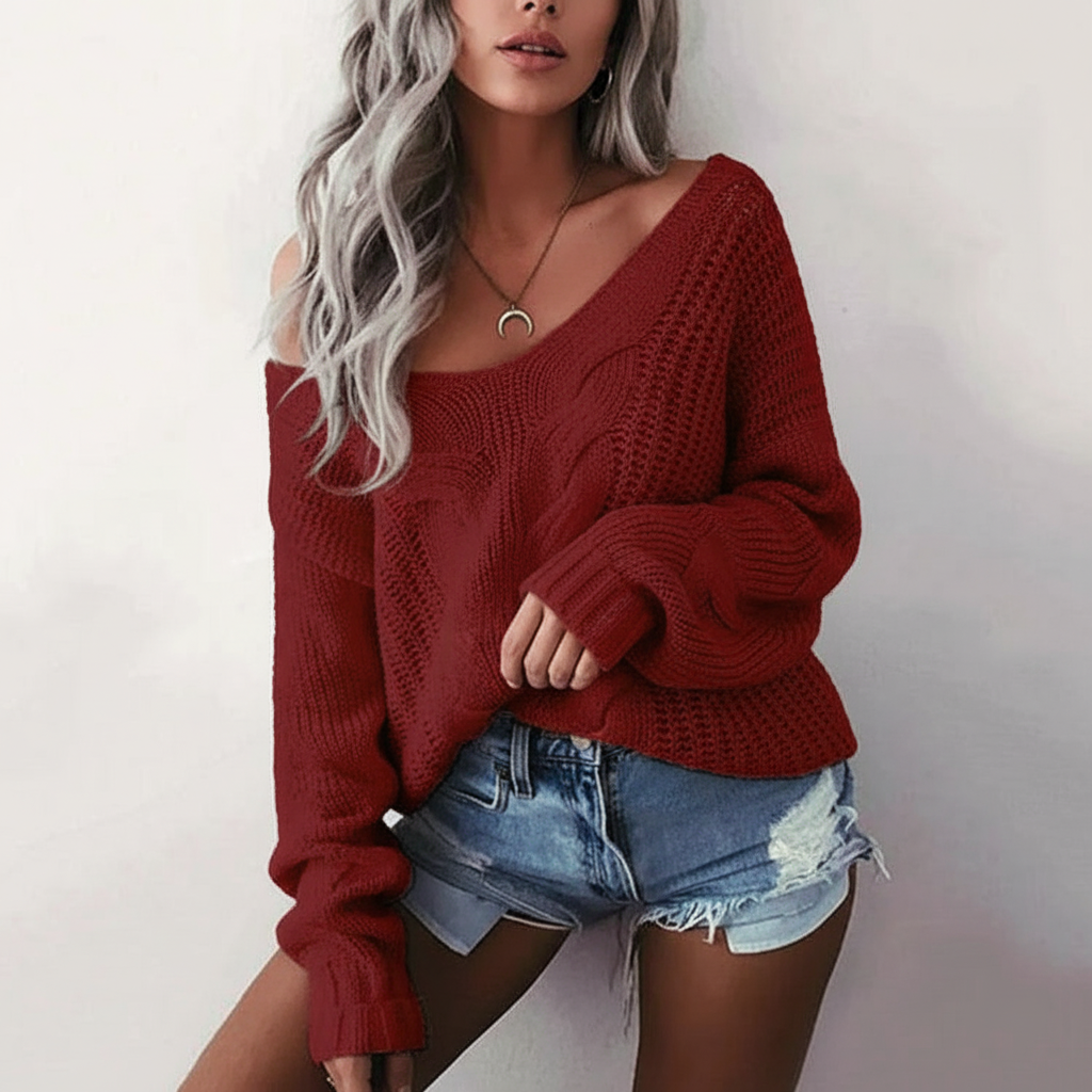 Maglione oversize da donna traforato con trama a trecce e scollo ampio