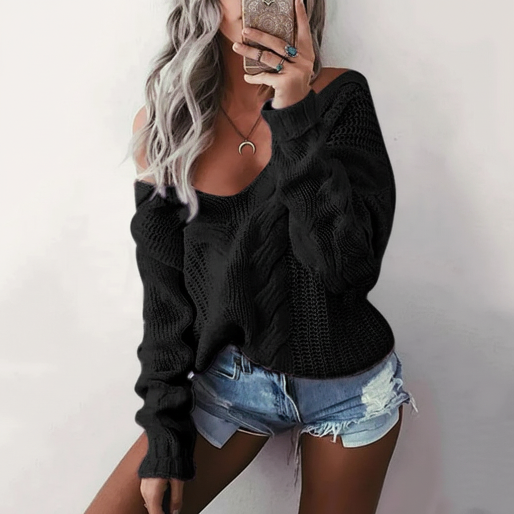 Maglione oversize da donna traforato con trama a trecce e scollo ampio