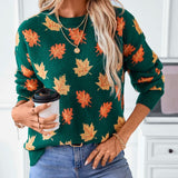 Pullover da donna | fantasia a foglie e scollo rotondo