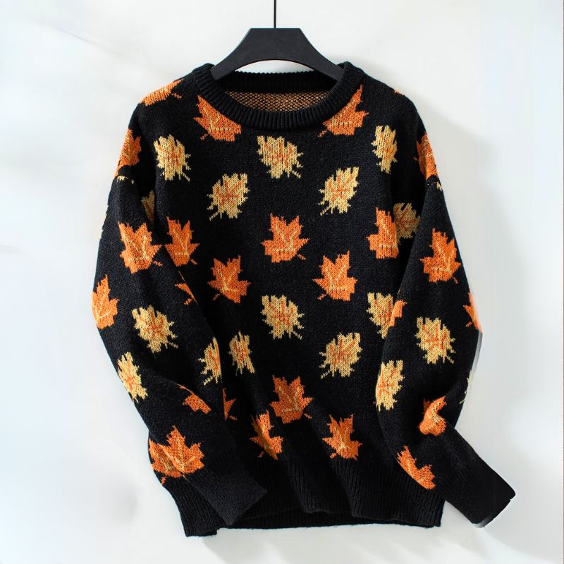 Pullover da donna | fantasia a foglie e scollo rotondo