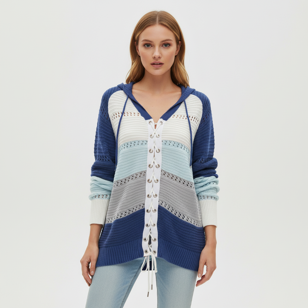 Maglione da donna con cappuccio, allacciatura e pannelli traforati in maglia