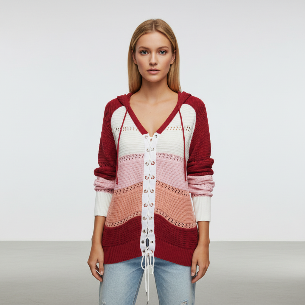 Maglione da donna con cappuccio, allacciatura e pannelli traforati in maglia