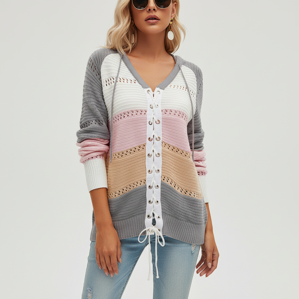 Maglione da donna con cappuccio, allacciatura e pannelli traforati in maglia