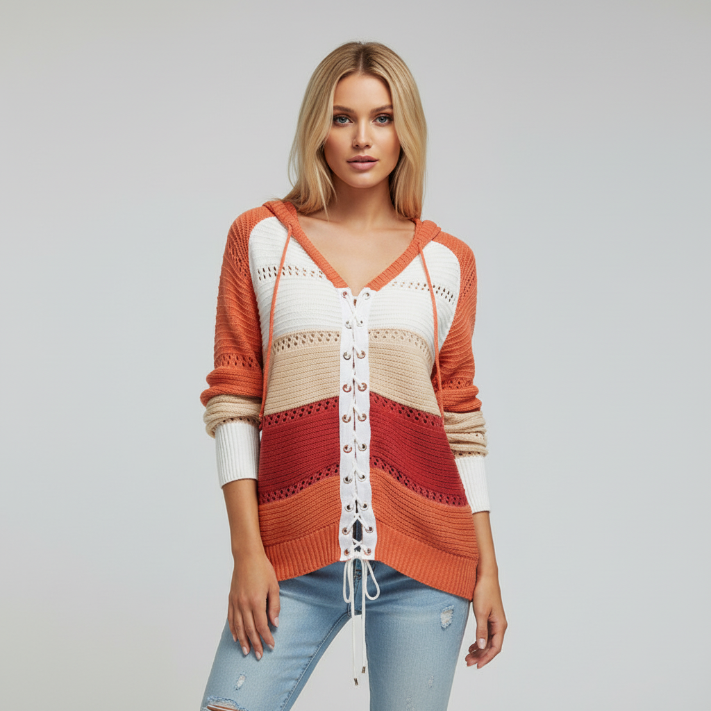 Maglione da donna con cappuccio, allacciatura e pannelli traforati in maglia