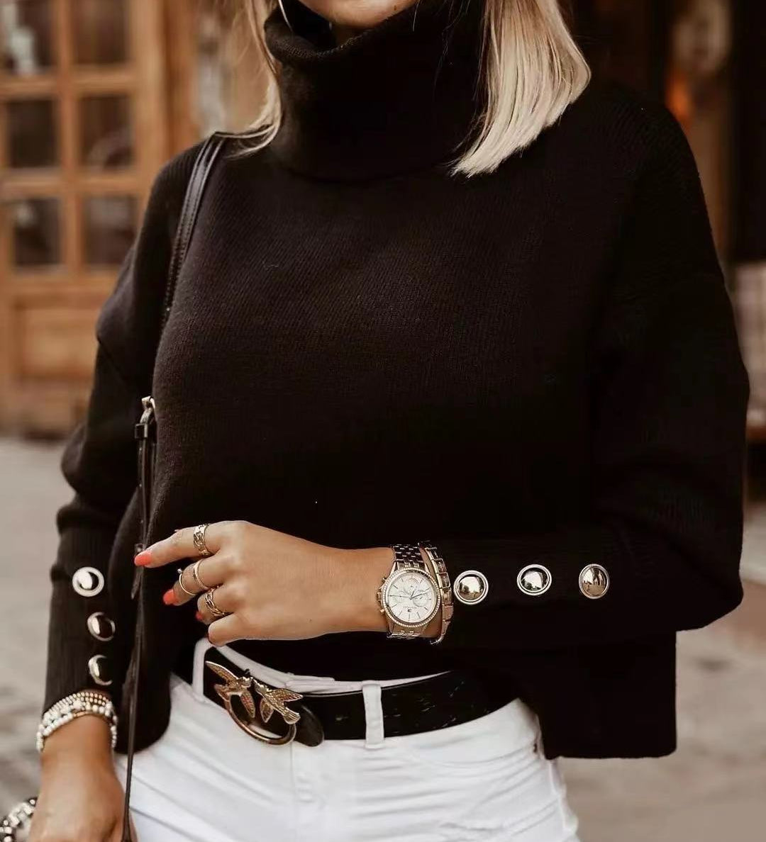 Maglione a collo alto a coste da donna con dettaglio bottoni sulle maniche, maglia top