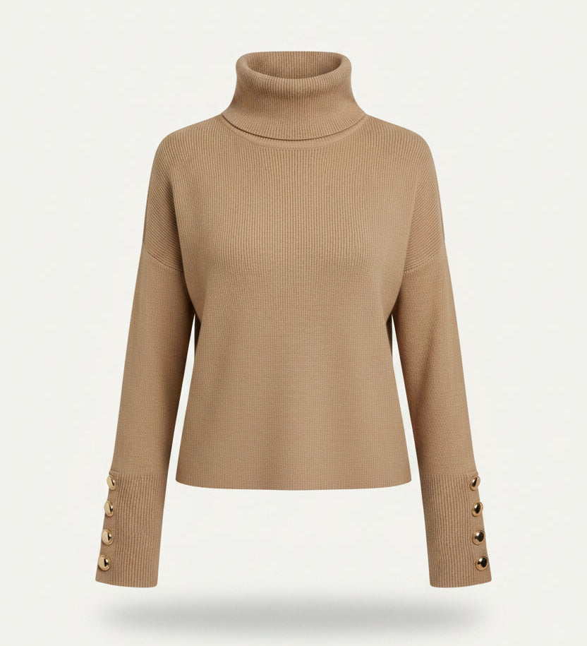 Maglione a collo alto a coste da donna con dettaglio bottoni sulle maniche, maglia top
