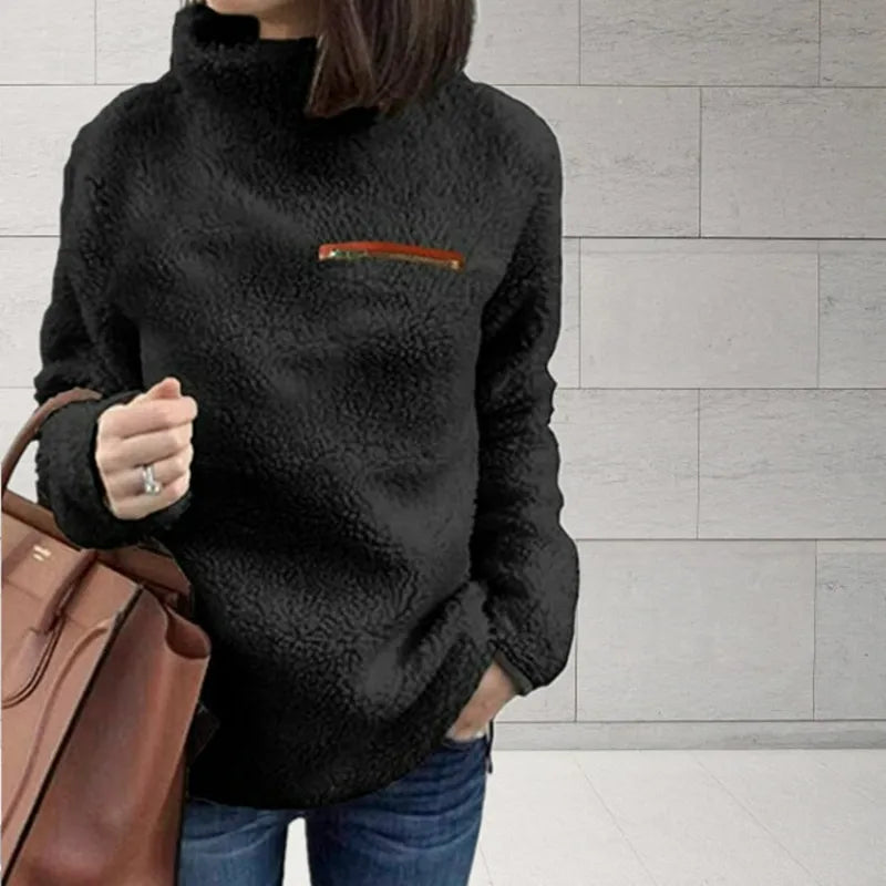 Felpa da donna in pile teddy a collo alto – Pullover morbido e caldo per il comfort nelle giornate fredde