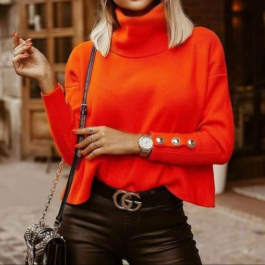 Maglione a collo alto a coste da donna con dettaglio bottoni sulle maniche, maglia top