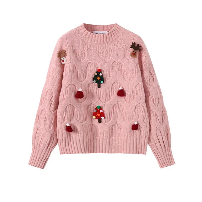 Maglione festivo da donna in maglia a trecce – Pullover con applicazione natalizia 3D e maniche a palloncino