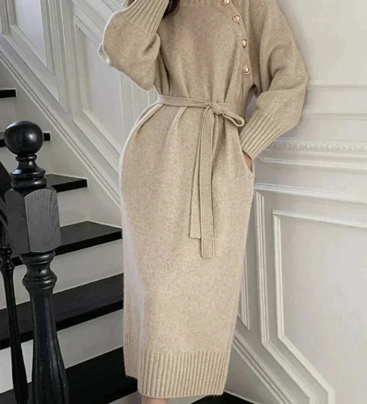 Abito Maglione Dolcevita Elegante da Donna con Bottoni e Cintura per Autunno e Inverno