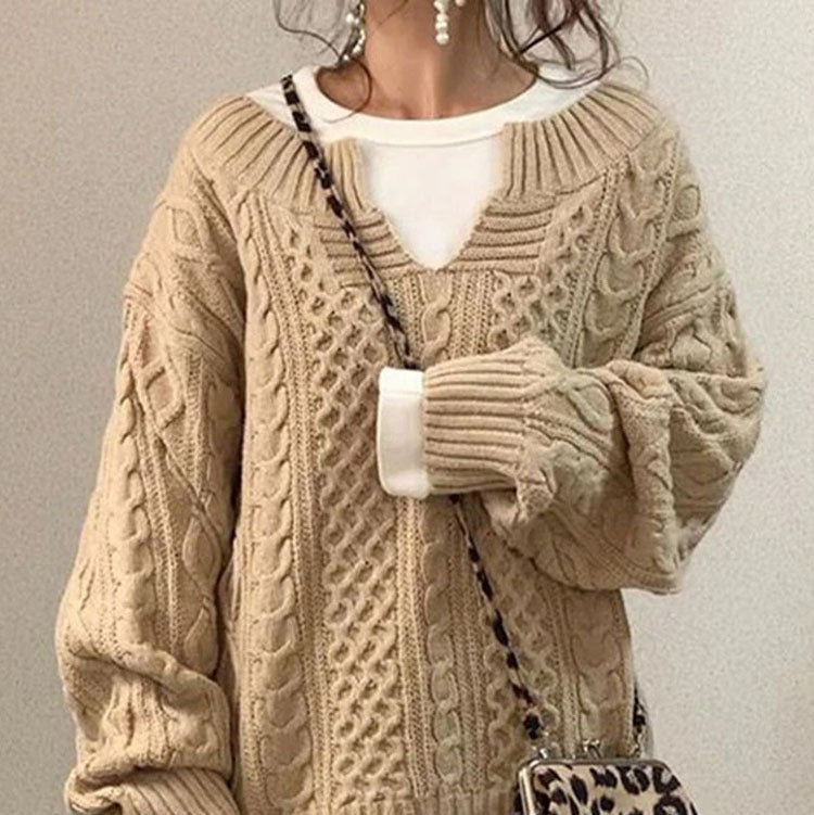 Donna - Maglia con scollo a V in maglia a cavo - Comfort oversize