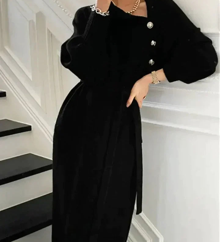 Abito Maglione Dolcevita Elegante da Donna con Bottoni e Cintura per Autunno e Inverno