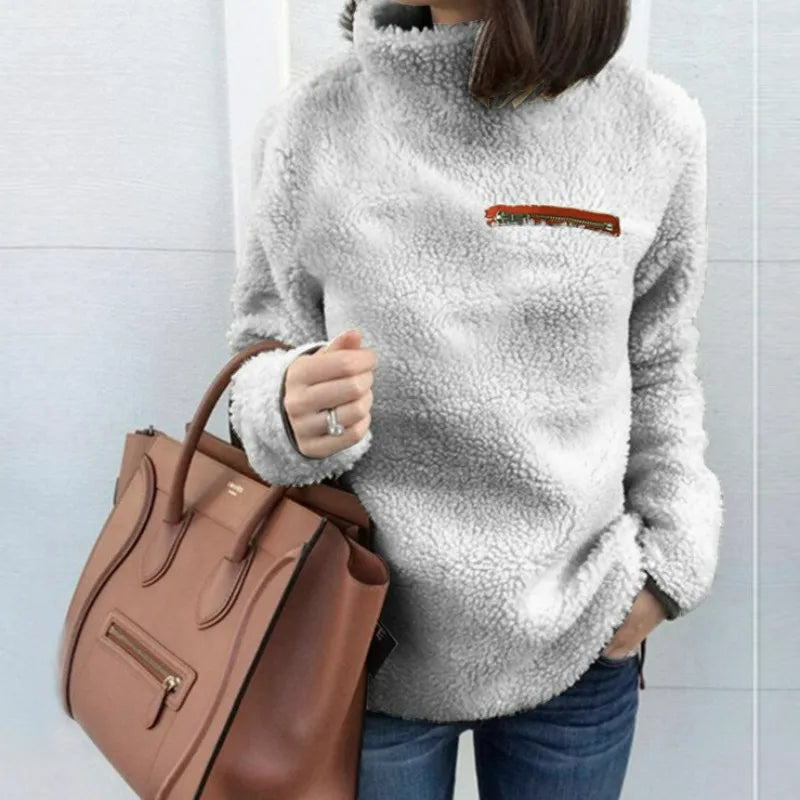 Felpa da donna in pile teddy a collo alto – Pullover morbido e caldo per il comfort nelle giornate fredde
