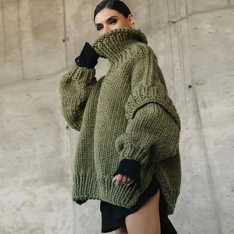 Maglione da donna a collo alto in maglia grossa – Pullover oversize invernale per comodi look a strati nelle giornate fredde