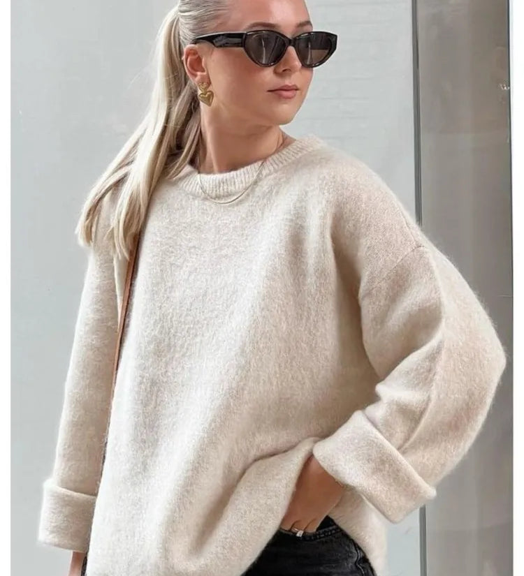 Maglione da donna in maglia morbida e soffice con girocollo – Pullover comodo e rilassato per vestirsi a strati ogni giorno